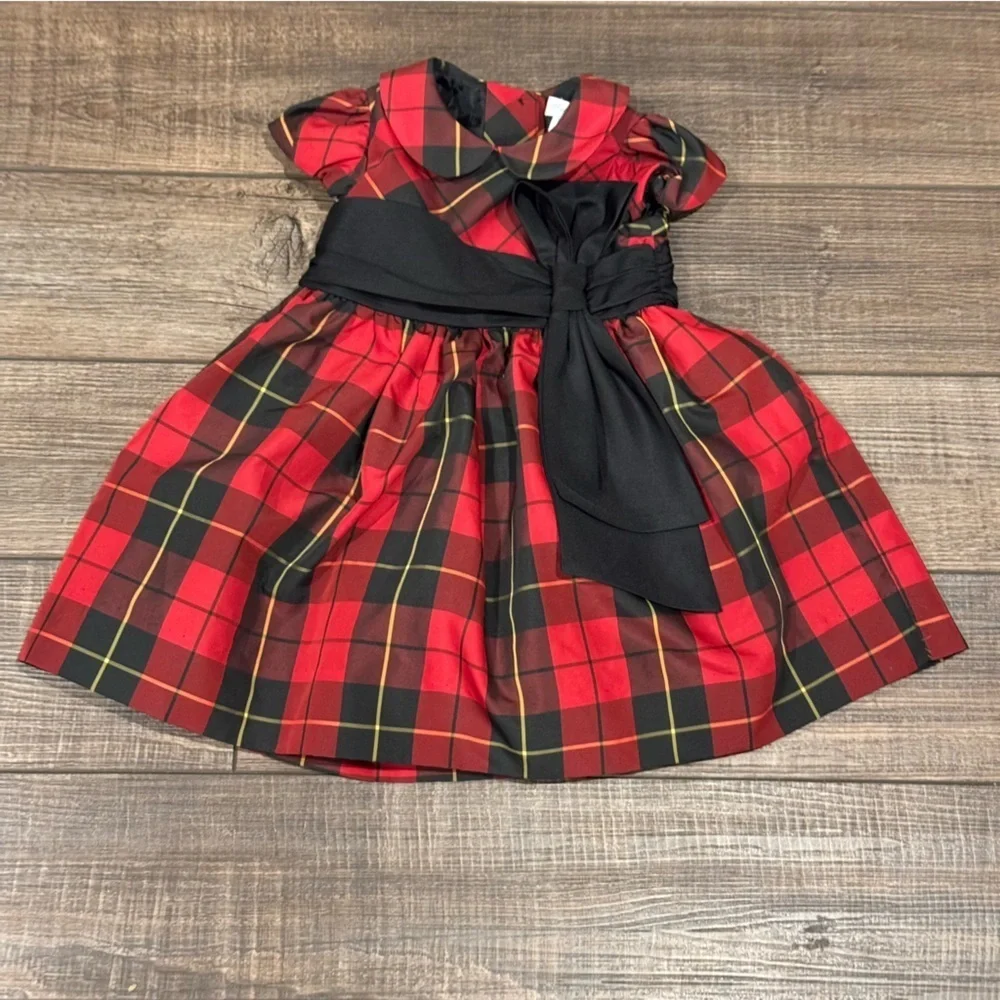 Ralph Lauren Baby Dress Red Black Plaid Taffeta Bow Lined Holiday Dress Size 9M